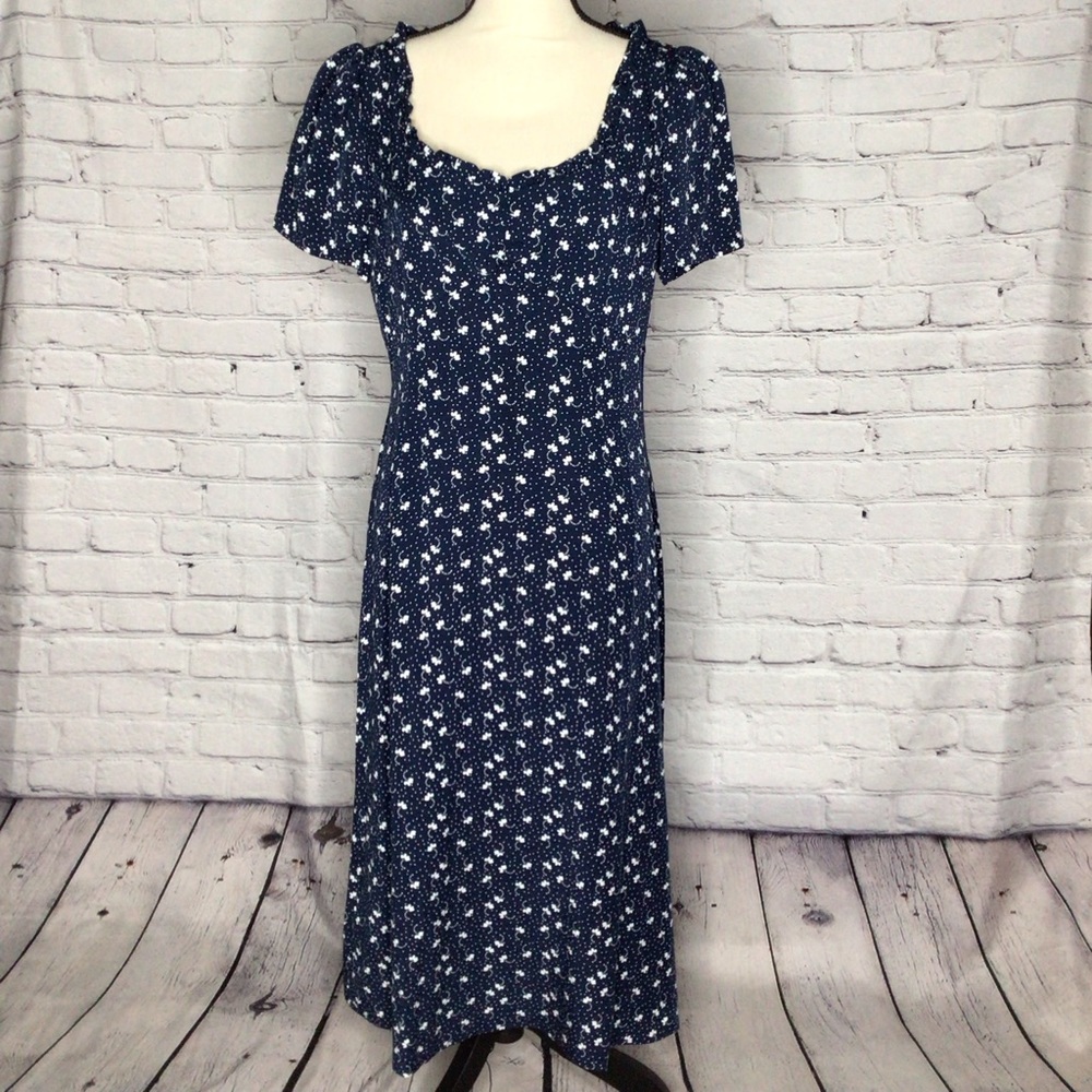 LOFT Blue White Floral Short Sleeve A-Line Midi Dress 6 NWT